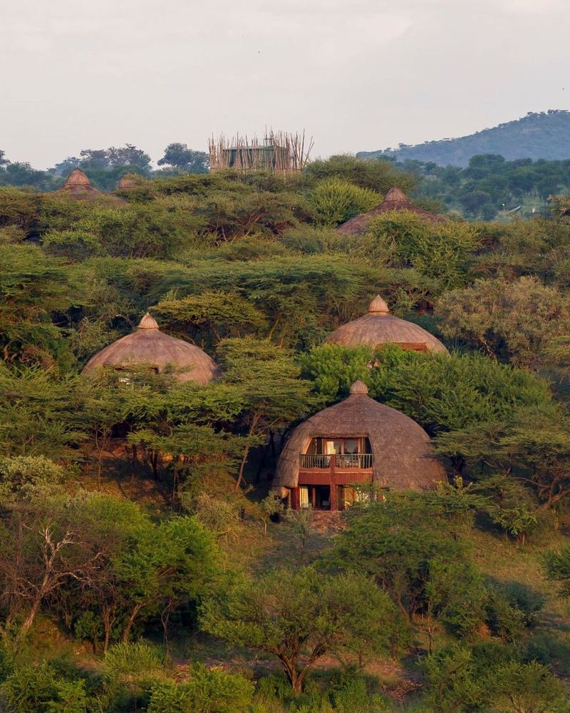 Domed guest lodges of Serengeti Serena set among trees