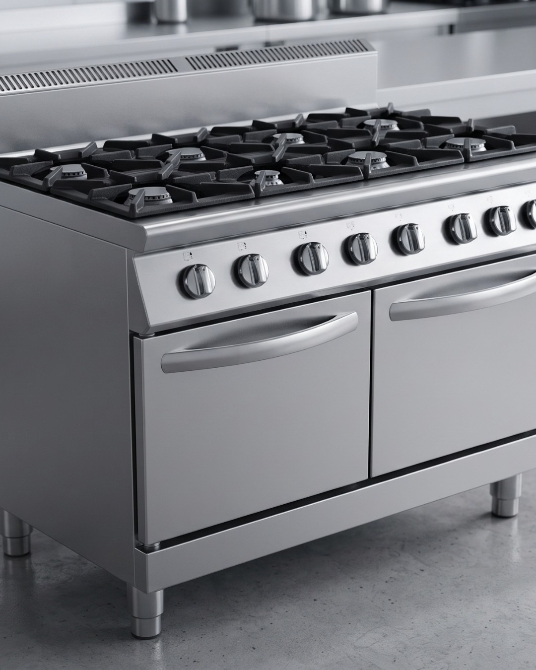 Commercial six-burner range with twin ovens