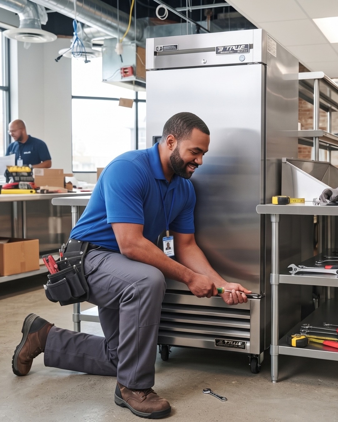 Technician installing a commercial refrigeration unit