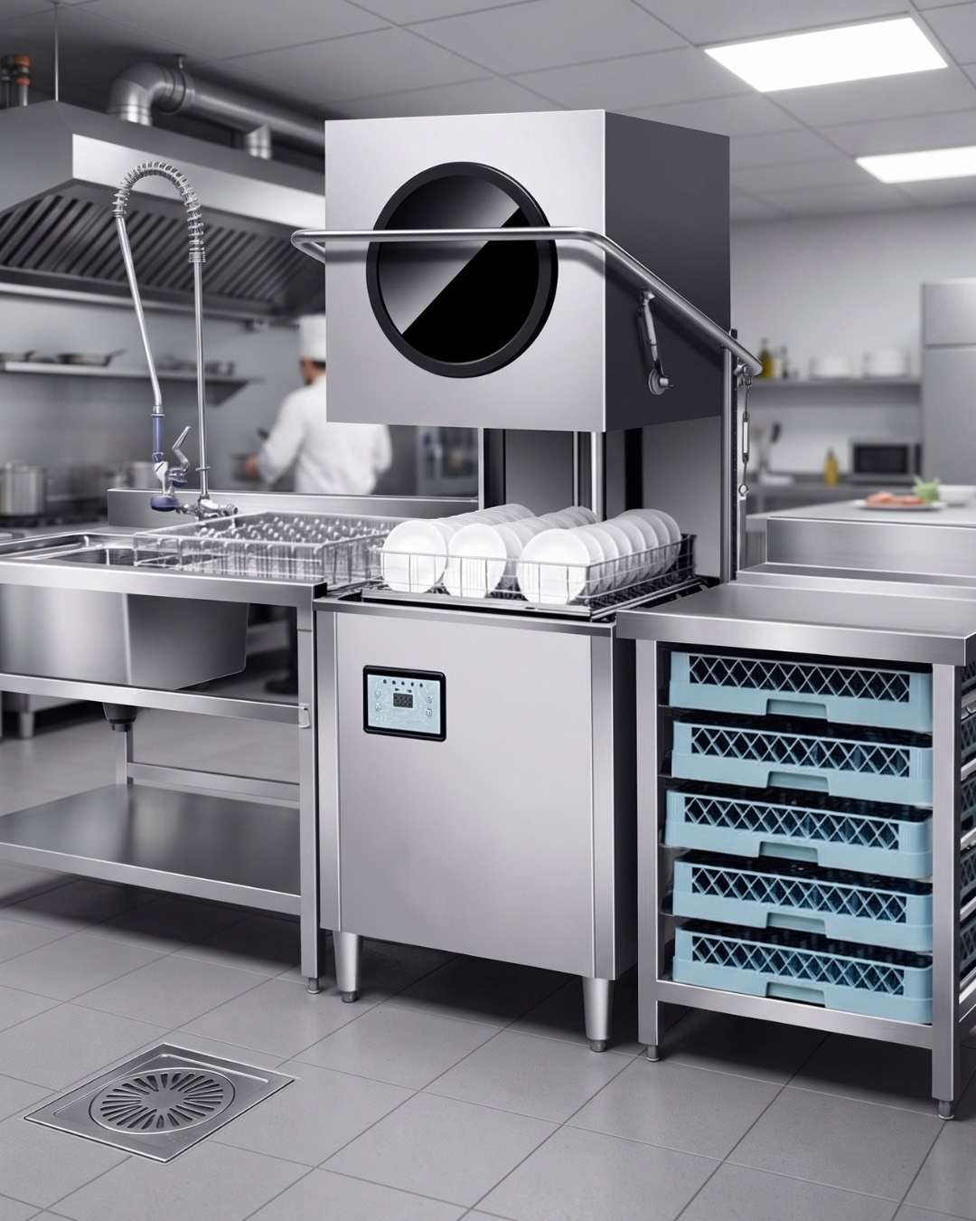Stainless steel warewashing station with sink, shelving and dishwasher